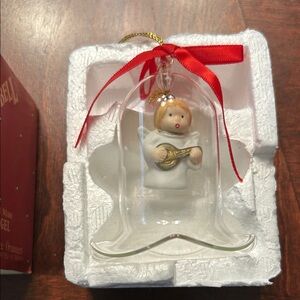 Glass Bell Ornament with White Angel Musician and Red Ribbon